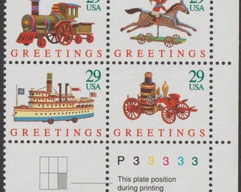 1992 Christmas Toys Plate Block of Four US 29-Cent Postage Stamps Mint Never Hinged