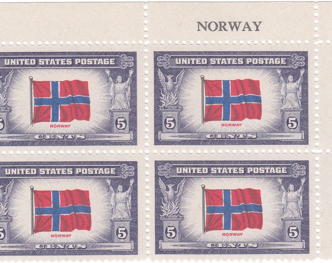 Flag of Norway Plate Block of Four 5-Cent United States Postage Stamps Issued 1943