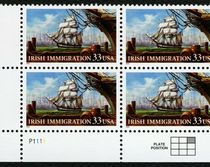 1999 Irish Immigration Collectible Plate Block of Four US 33-Cent Postage Stamps Mint Never Hinged