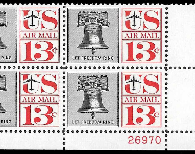 Liberty Bell Plate Block of Four 13-Cent United States Air Mail Postage Stamps Issued 1961