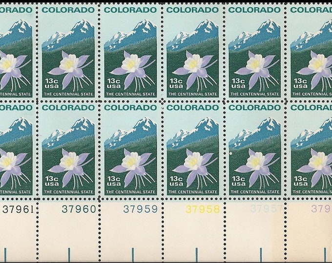 1977 Colorado Statehood Plate Block of Twelve 13-Cent US Postage Stamps Mint Never Hinged