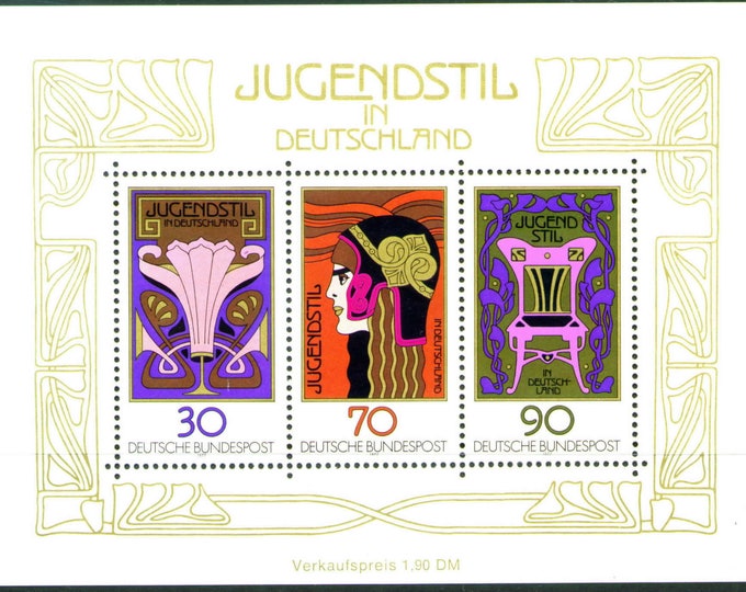 Art Nouveau in Germany Souvenir Sheet of Three Postage Stamps Issued 1977