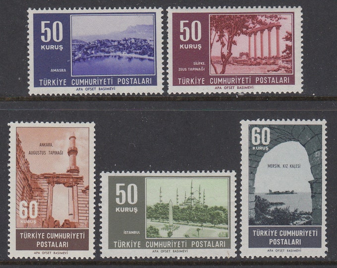 1964 Scenes of Turkiye (Turkey) Collectible Set of 5 Turkish Postage Stamps Mint Never Hinged