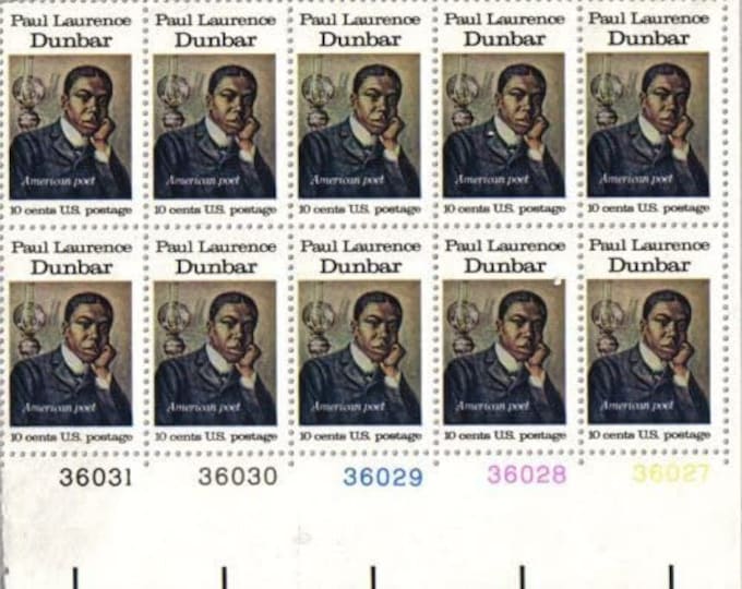 1975 Paul Laurence Dunbar Plate Block of Ten US 10-Cent Postage Stamps Mint Never Hinged