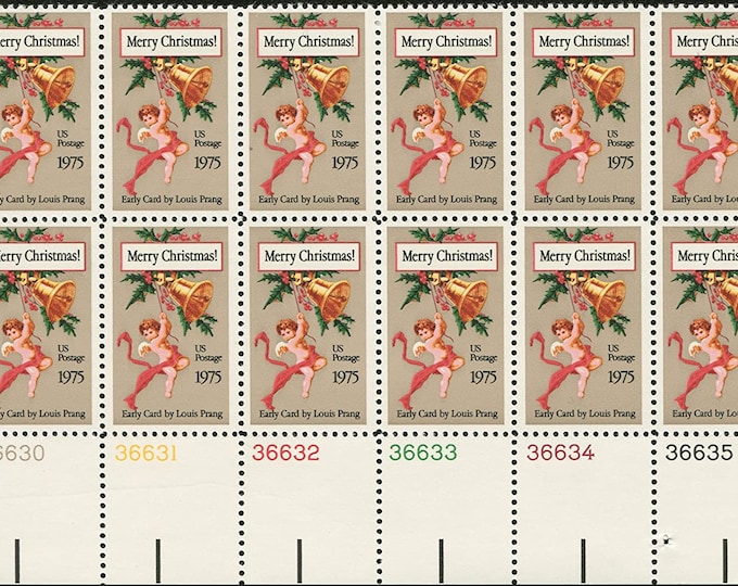 1975 Contemporary Christmas Plate Block of Twelve US 10-Cent Postage Stamps Mint Never Hinged