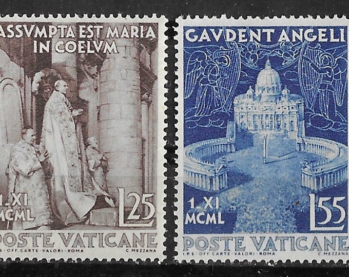 Assumption Set of Two Vatican City Postage Stamps Issued 1951