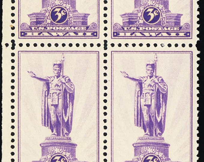 1937 King Kamehameha Hawaii Statue Plate Block of Four US 3-Cent Postage Stamps Mint Never Hinged