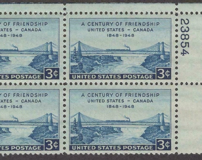 1948 A Century of Friendship United States Canada Plate Block of Four 3-Cent US Postage Stamps Mint Never Hinged