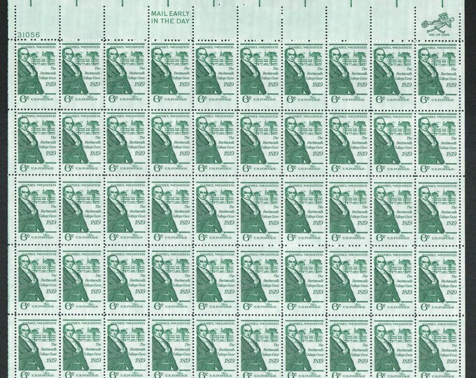 Daniel Webster Dartmouth Sheet of Fifty 6-Cent US Postage Stamps Issued 1969