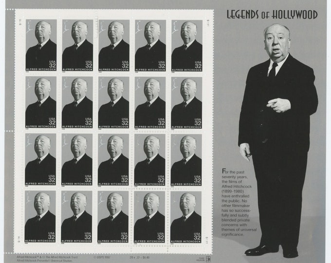 Alfred Hitchcock Sheet of Twenty 32-Cent US Postage Stamps Issued 1998