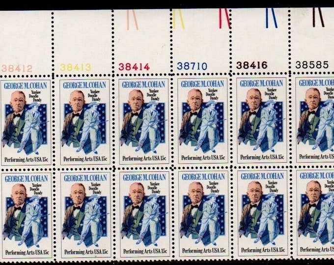 George M Cohan Plate Block of Twelve 15-Cent United States Postage Stamps Issued 1978