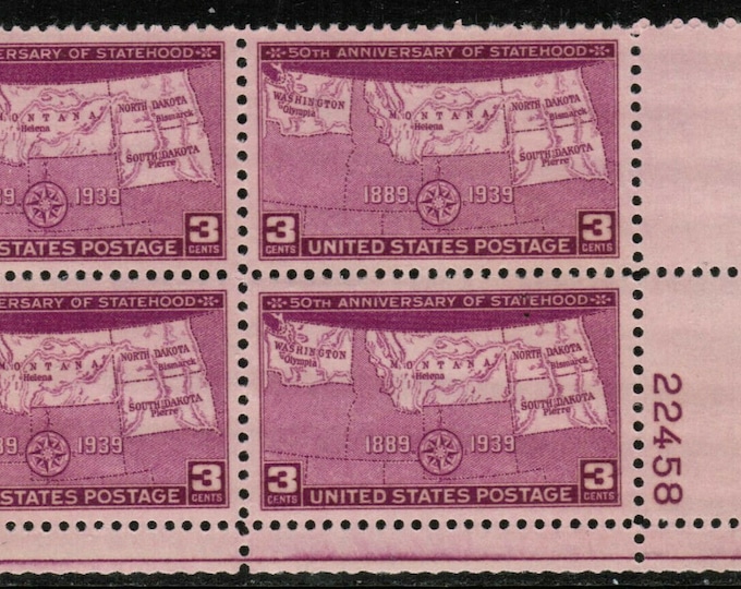 Four States Statehood Plate Block of Four 3-Cent United States Postage Stamps Issued 1939