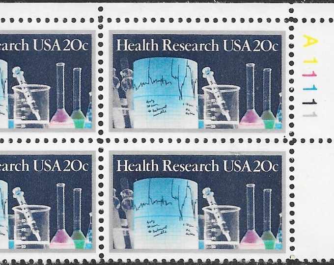 Health Research Plate Block of Four 20-Cent United States Postage Stamps Issued 1984