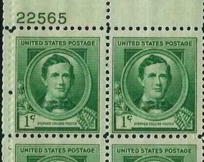 Stephen Foster Plate Block of Four 1-Cent United States Postage Stamps Issued 1940