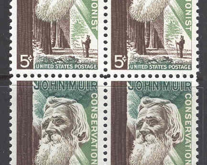 1964 John Muir Conservationist Block of Four 5-Cent US Postage Stamps Mint Never Hinged
