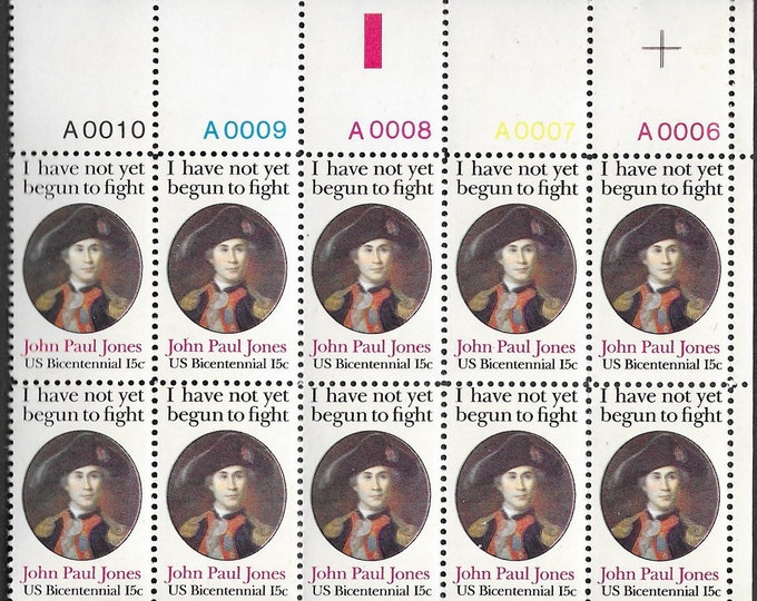 John Paul Jones Plate Block of Ten 15-Cent United States Postage Stamps