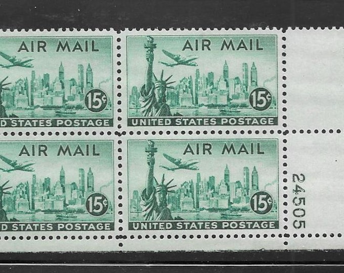 1947 New York Skyline Collectible Plate Block of Four 15-Cent US Airmail Postage Stamps Mint Never Hinged