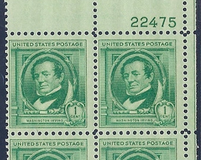 Washington Irving Plate Block of Four 1-Cent United States Postage Stamps Issued 1940