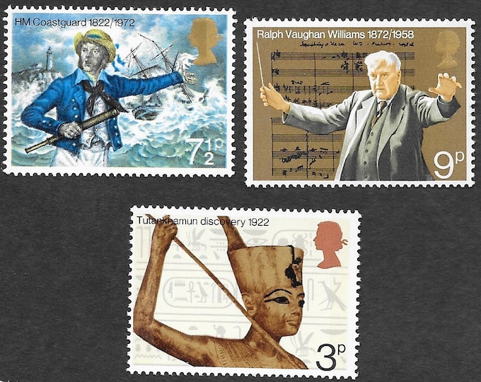 Great Britain Set of Three Postage Stamps Depicting Tutankhamun HM Coastguard and Ralph Vaughan Williams