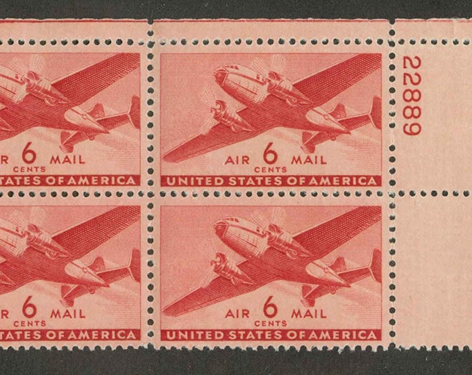 Twin-Motor Transport Plane Plate Block of Four 6-Cent United States Air Mail Postage Stamps Issued 1941