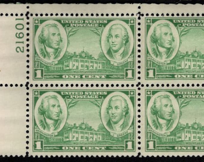 Washington and Greene Plate Block of Four 1-Cent United States Postage Stamps Issued 1936