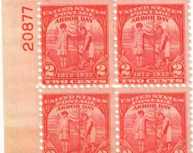 Arbor Day Plate Block of Four 2-Cent United States Postage Stamps Issued 1932