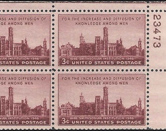 1946 Smithsonian Institution Plate Block of Four 3-Cent US Postage Stamps Mint Never Hinged
