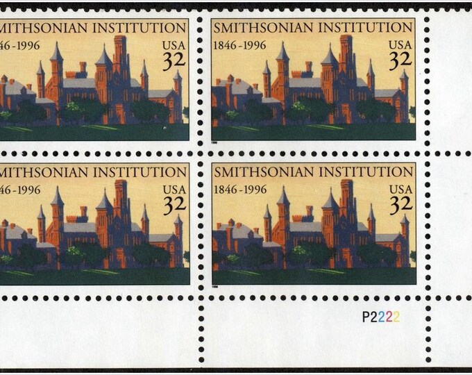 1996 Smithsonian Institution 150th Anniversary Plate Block of Four 32-Cent United States Postage Stamps