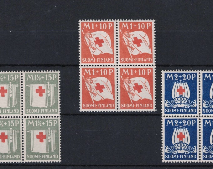 Red Cross Finland Set of Three Blocks of Four Postage Stamps Issued 1930