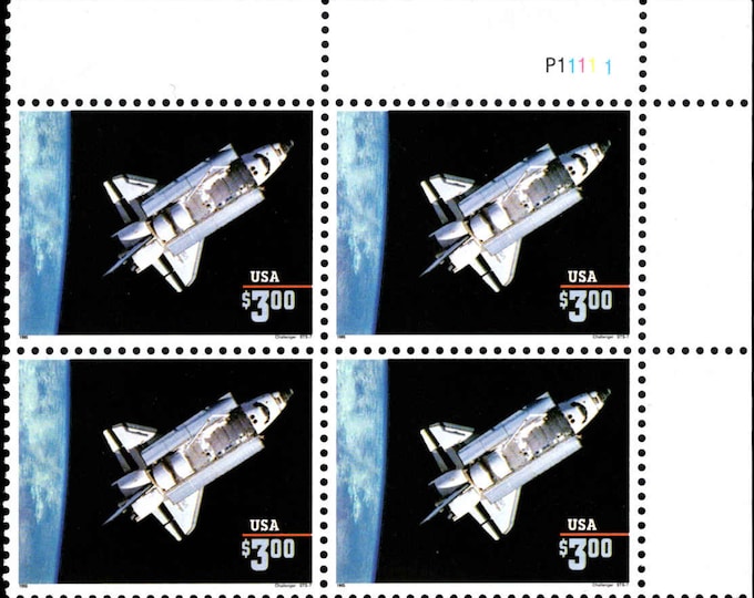 1995 Space Shuttle Challenger Priority Mail Plate Block of Four US Postage Stamps Mint Never Hinged