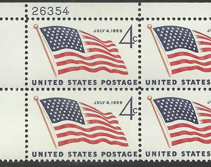 49 Star Flag Plate Block of Four 4-Cent United States Postage Stamps Issued 1959