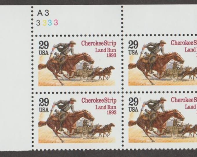 1993 Cherokee Strip Land Run Plate Block of Four 29-Cent United States Postage Stamps
