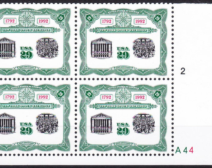 1992 New York Stock Exchange Plate Block of Four 29-Cent United States Postage Stamps