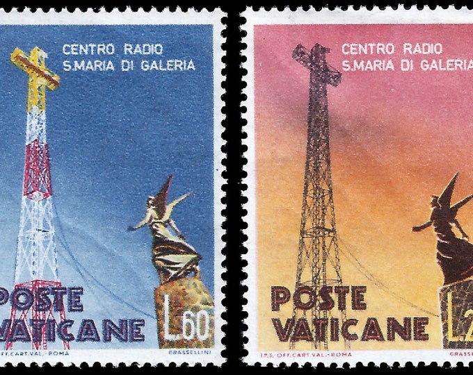Antenna and Statue of Archangel Gabriel Set of Two Vatican City Postage Stamps Issued 1959