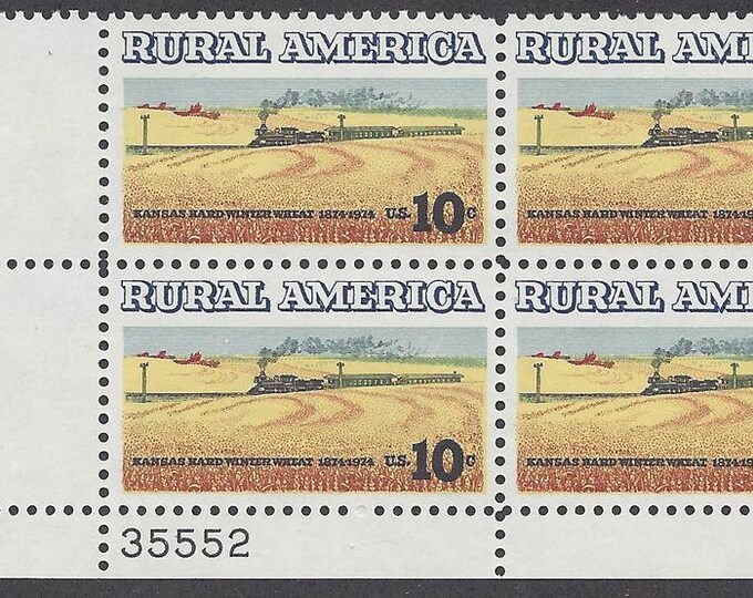 1974 Kansas Winter Wheat and Train Rural America Plate Block of Four 10-Cent United States Postage Stamps