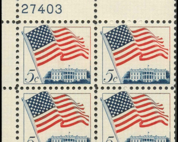 American Flag Plate Block of Four 5-Cent United States Postage Stamps Issued 1963