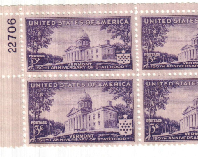 Vermont Statehood Plate Block of Four 3-Cent United States Postage Stamps Issued 1941