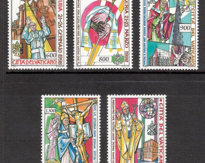 1999 Travels of Pope John Paul II Set of Five Collectible Vatican City Postage Stamps Mint Never Hinged