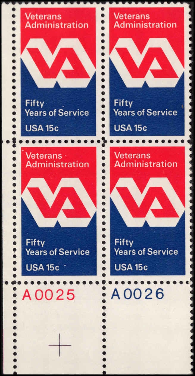 Veterans Administration Plate Block of Four 15Cent United States Postage Stamps Issued 1980