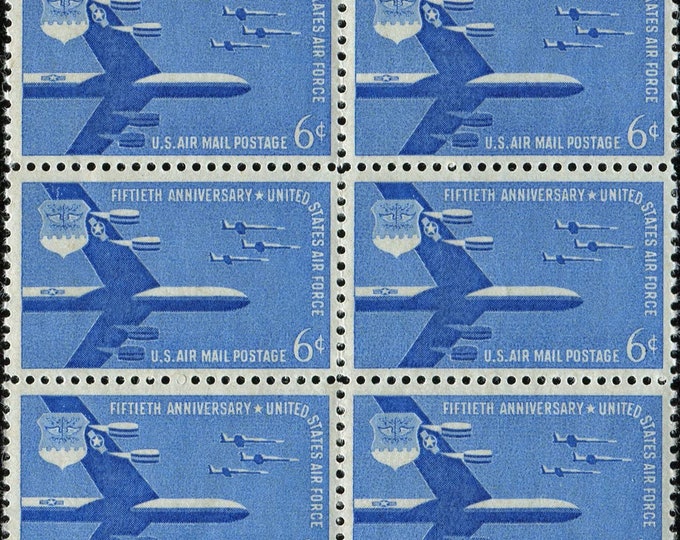 1957 Air Force 50th Anniversary Block of Six 6-Cent US Airmail Postage Stamps Mint Never Hinged