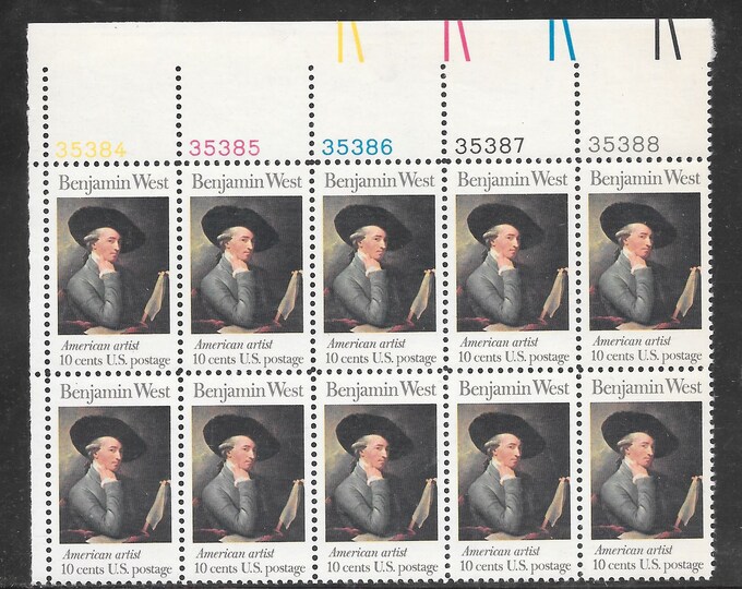 1975 Benjamin West Plate Block of Ten 10-Cent US Postage Stamps