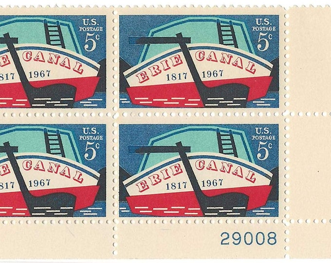 1967 Erie Canal Plate Block of 4 5-Cent United States Postage Stamps