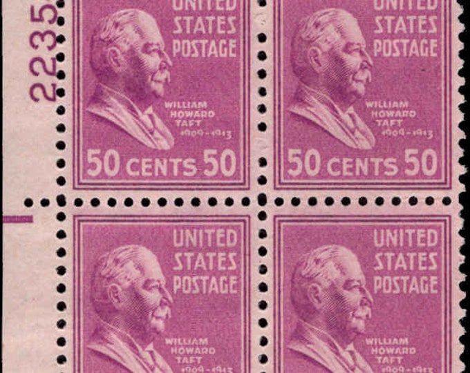 1938 William Howard Taft Plate Block of Four 50-Cent US Postage Stamps Mint Never Hinged