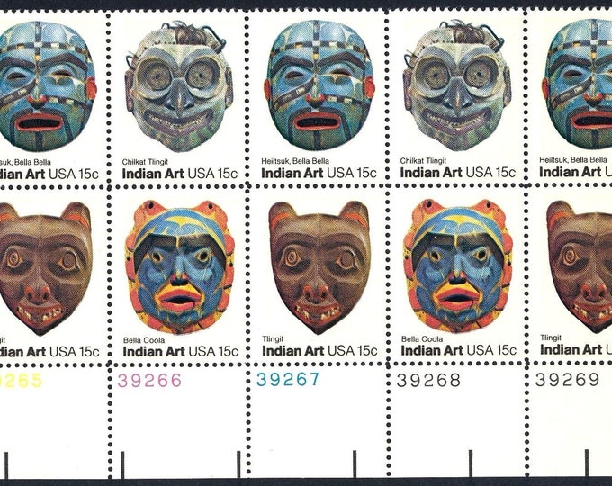 1980 Pacific Northwest Indian Masks Plate Block of Ten 15-Cent United States Postage Stamps