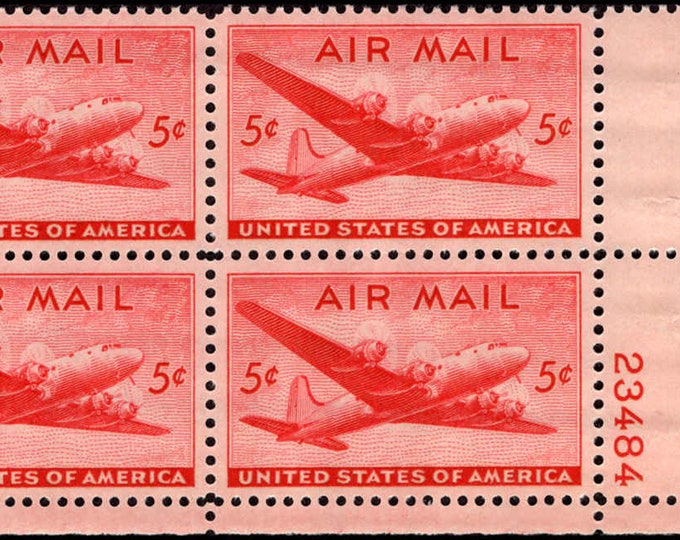 DC-4 Skymaster Plate Block of Four 5-Cent United States Air Mail Postage Stamps