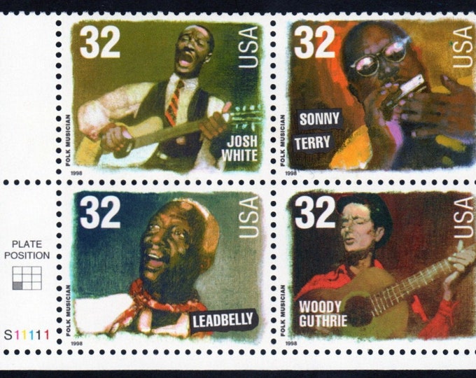 American Folk Musicians Plate Block of Four 32-Cent United States Postage Stamps Issued 1998