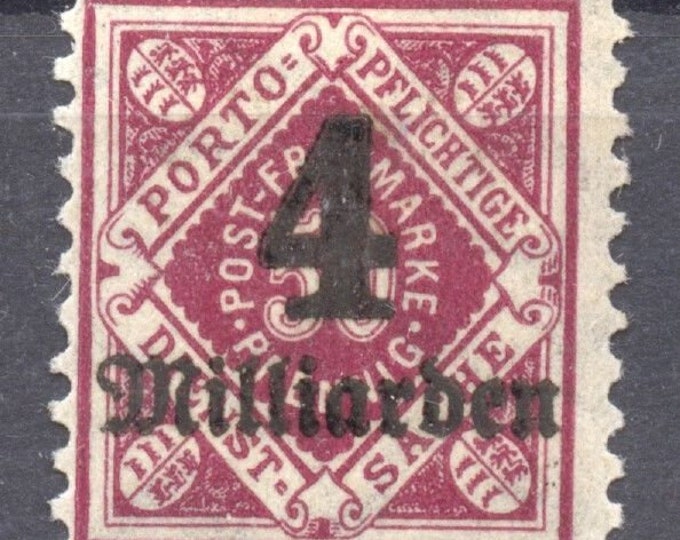 Wurttemberg Hyperinflation Four Billion Mark Postage Stamp Issued 1923