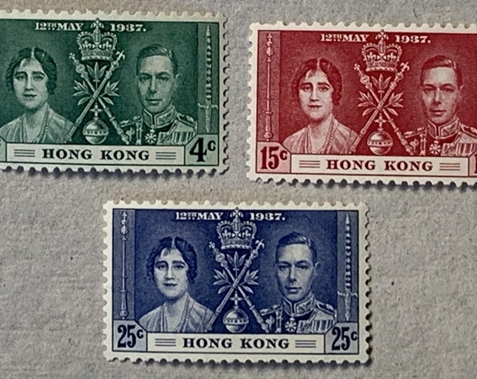 Coronation of King George VI Set of Three Hong Kong Postage Stamps Issued 1937