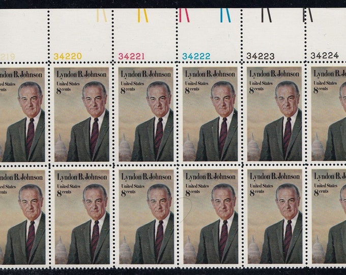 1973 Lyndon B Johnson Plate Block of Twelve 8-Cent USA Postage Stamps Mint Never Hinged