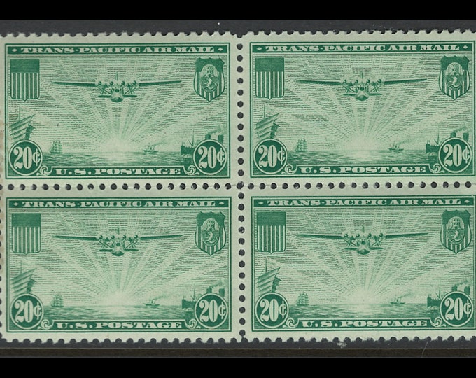 China Clipper Aircraft Block of Four 20-Cent US Air Mail Postage Stamps Issued 1937
